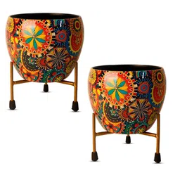 Nymph Reva Yellow & Red 2 Pieces Printed Flower Planters With Stand image 2