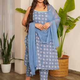 NANGALIA RUCHIRA Women Floral Printed Pure Cotton Kurta with Trousers & Dupatta-image-47