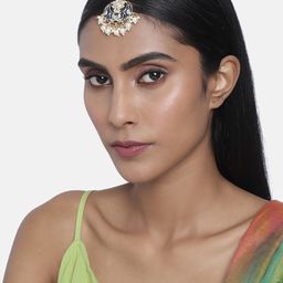 LAIDA Blue and White Gold-Plated Handcrafted Pearl Embellished Maang Tikka-image-29