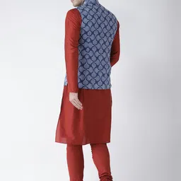 KISAH Men Red Solid Kurta with Churidar & Nehru Jacket image 3