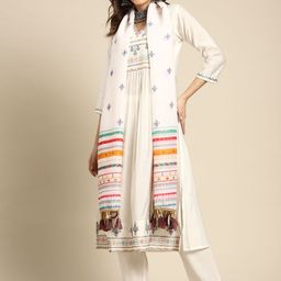 Sangria Ethnic Motifs Yoke Design Regular Thread Work Kurta with Trousers & With Dupatta-11