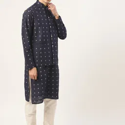 SOJANYA Men Navy Self Design Kurta with Churidar & Nehru Jacket image 4