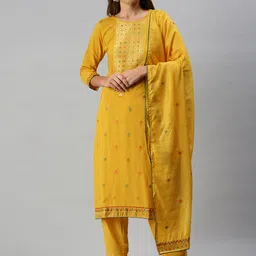 SheWill Women Mustard Yellow Embroidered Jacquard Kurta with Trousers & Dupatta-picture-23