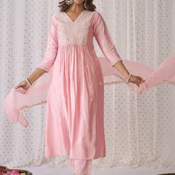 Indo Era Pink Ethnic Motifs Embroidered Aari Work Kurta with Trousers & Dupatta-picture-45