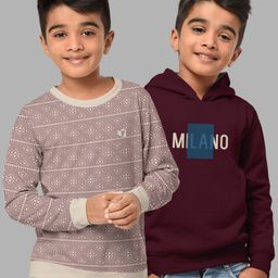 HELLCAT Boys Set Of 2 Beige & Burgundy Printed Hooded Cotton Sweatshirt-picture-42