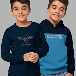 HELLCAT Boys Set Of 2 Blue & Navy Blue Printed Hooded Sweatshirt-7