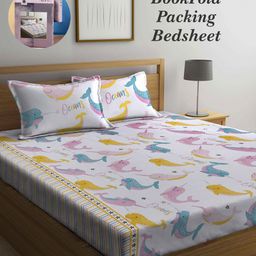 Arrabi Bookfold White & Pink Conversational 300 TC King Bedsheet With 2 Pillow Covers-image-37