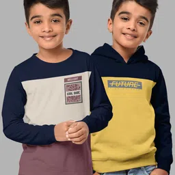 HELLCAT 2 Boys Navy Blue Colourblocked Hooded Cotton Sweatshirt-image-41