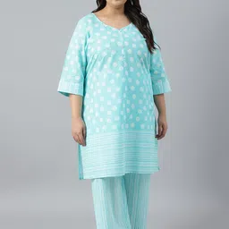 AURELIA Plus Size Abstract Printed Pure Cotton Kurta with Palazzos image 1