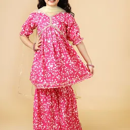 A.T.U.N. Girls Floral Printed Regular Mirror Work Kurta with Sharara & With Dupatta image 1