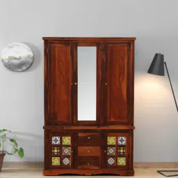 mudramark from pepperfry Siramika Sheesham Wood 3 Door Wardrobe in Honey Oak Finish With Drawers-picture-0