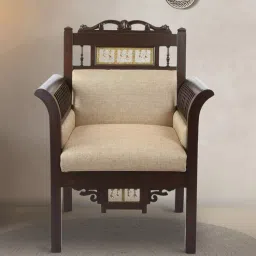 mudramark from pepperfry Maharaja Teak Wood 1 Seater Sofa in Beige & Walnut Finish-picture-1