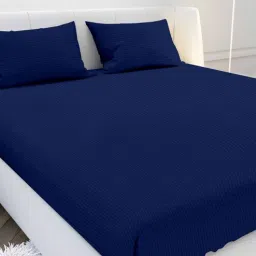 mayfair homes london Navy Blue Solid 210 TC Cotton King Sized Double Bedsheet with 2 Pillow Covers Satin Stripe 2024 Collection-picture-43