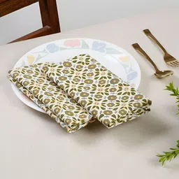 TARAN LIVING White & Yellow 4 Pieces Floral Printed Cotton Dinner Table Napkins-41