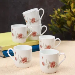 CLAY CRAFT White & Pink 6 Pcs Floral Printed Ceramic Glossy Cups 180ml each-23