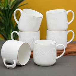 CLAY CRAFT White & Gold-Toned  6 Pieces Textured Ceramic Glossy Cups 220 ml Each-38