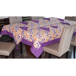 Lushomes Purple & White Printed Cotton 8 Seater Dining Table Cloth 8 Napkins & 1 Runner-54