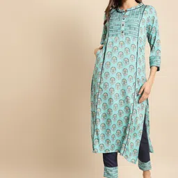 RANGMAYEE Women Turquoise Blue Ethnic Motifs Printed Regular Liva Kurta with Trousers-picture-0