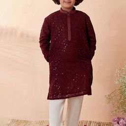 Manyavar Boys Maroon Embroidered Sequinned Silk Georgette Kurta with Pyjamas-11