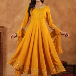 Janasya Women Ethnic Motifs Embroidered Pleated Sequinned Kurta with Trousers & Dupatta-picture-3