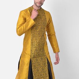 DEYANN Men Mustard Yellow Ethnic Motifs Printed Regular Dupion Silk Kurta with Dhoti Pants-12