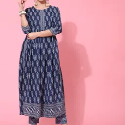 KIMAYRA Ethnic Motifs Printed Pure Cotton Anarkali Kurta with Palazzos & With Dupatta-picture-34