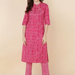 HERE&NOW Women Pink Bandhani Printed Gotta Patti Pure Cotton Kurta with Trousers-image-112
