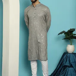 SOJANYA Ethnic Motifs Embroidered Sequined Pure Cotton Kurta with Churidar-picture-46