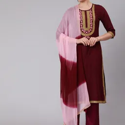 KIMAYRA Floral Yoke Design Regular Thread Work Kurta With Trousers & Dupatta-picture-32