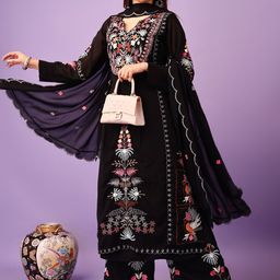 KALINI Ethnic Motifs Embroidered Georgette A-Line Kurta with Palazzos & Dupatta-50