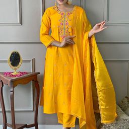 KALINI Round Neck Floral Embroidered Thread Work Straight Kurta with Trouser & Dupatta-image-60