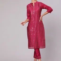 Jaipur Kurti Striped Chanderi Cotton Straight Kurta With Trousers-image-10