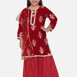 Little Bansi Girls Red Floral Embroidered Sequinned Velvet Kurta with Sharara & With Dupatta-image-56
