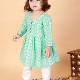 VASTRAMAY Girls Green Pleated Chikankari Pure Cotton Kurti with Trousers-image-50