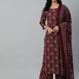 Nayo Women Burgundy & Biege Motifs Printed Pure Cotton Kurta with Palazzos & Dupatta-picture-52