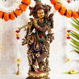 eCraftIndia Gold Toned Handcrafted Red & Green Stone Studded Lord Krishna Playing Flute Showpiece-image-54
