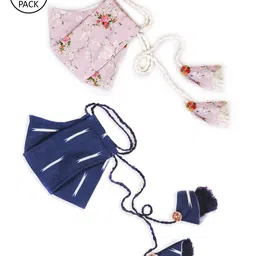 VASTRAMAY Unisex Pack of 2 Pcs Pink & Blue Reusable 3-Ply Cloth Masks With Potli Bag-46
