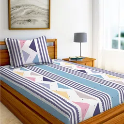 AEROHAVEN Blue & White Printed Cotton 240 TC Single Bedsheet With 1 Pillow Cover-image-10