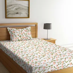 Arrabi Cream-Coloured & Green Floral 300 TC Flat Single Bedsheet with 1 Pillow Cover-21