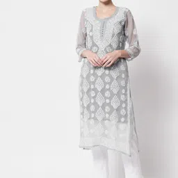 PARAMOUNT CHIKAN Women Grey Chikankari Ethnic Motifs Embroidered Straight Kurta-picture-46