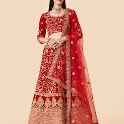 Fusionic Red & Gold-Toned Embroidered Semi-Stitched Lehenga & Unstitched Blouse With Dupatta-14