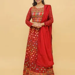 Fusionic Red & Gold-Toned Embroidered Semi-Stitched Lehenga & Unstitched Blouse With Dupatta-20