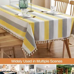 URBAN SPACE Yellow & Grey Striped 4-Seater Cotton Table Cloth-13