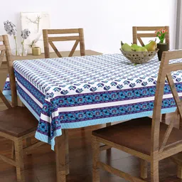 BLOCKS OF INDIA Blue Printed Pure Cotton 6-Seater Table Cloth-19