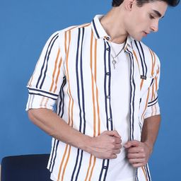 The Indian Garage Co Men White & Mustard Yellow Slim Fit Striped Casual Shirt-image-76