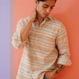 Indian Needle Men Classic Spread Collar Horizontal Striped Cotton Casual Shirt-image-59