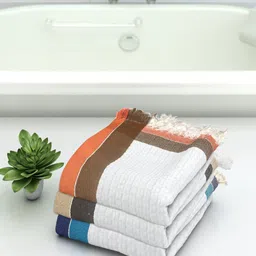 Athom Trendz Set Of 3 Woven-Design Pure Cotton 210 GSM Lightweight Bath Towels-16