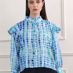 OBSHIVKA Women Tie and Dye Printed Mandarin Collar Puff Sleeve Ruffles Shirt Style Top-image-19