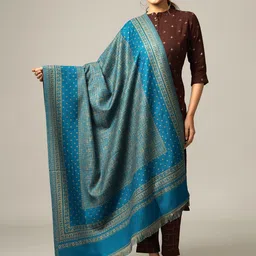 HANDICRAFT PALACE Women Turquoise Blue & Beige Woven Design Designer Shawl-image-91