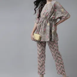 Amirah s Women Grey Printed Regular Pure Cotton Top with Trousers-image-30
